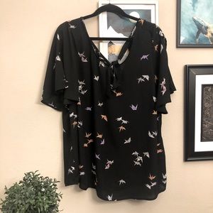 Torrid Tie Back Black and Origami Print Blouse